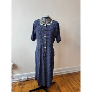 Vintage Janice McCarty Navy Printed Button-Front Dress with Contrast Collar